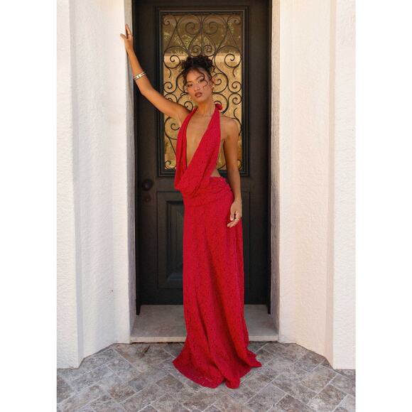 Peppermayo Elysia Cherry Red Lace Draped Cowl Neck Open Back Maxi Dress Sz 6 - Picture 7 of 7